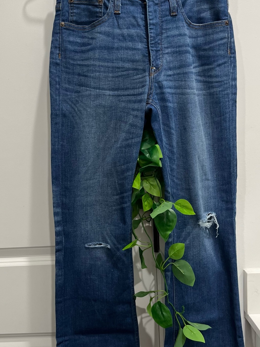 J. Crew Mid Wash Blue Straight-Leg Jeans with Subtle Distress